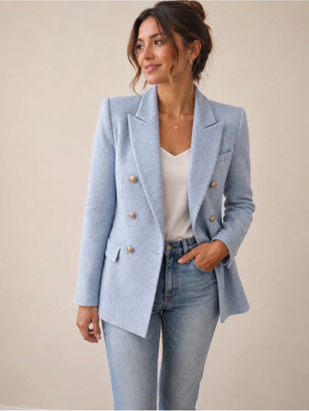 ZARA Baby Blue Tweed Bouclé Double Breasted Blazer Jacket Gold Buttons Size S